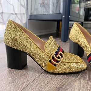 NIB GUCCI GG Logo Peyton Glitter Mid Heel Loafer Pump